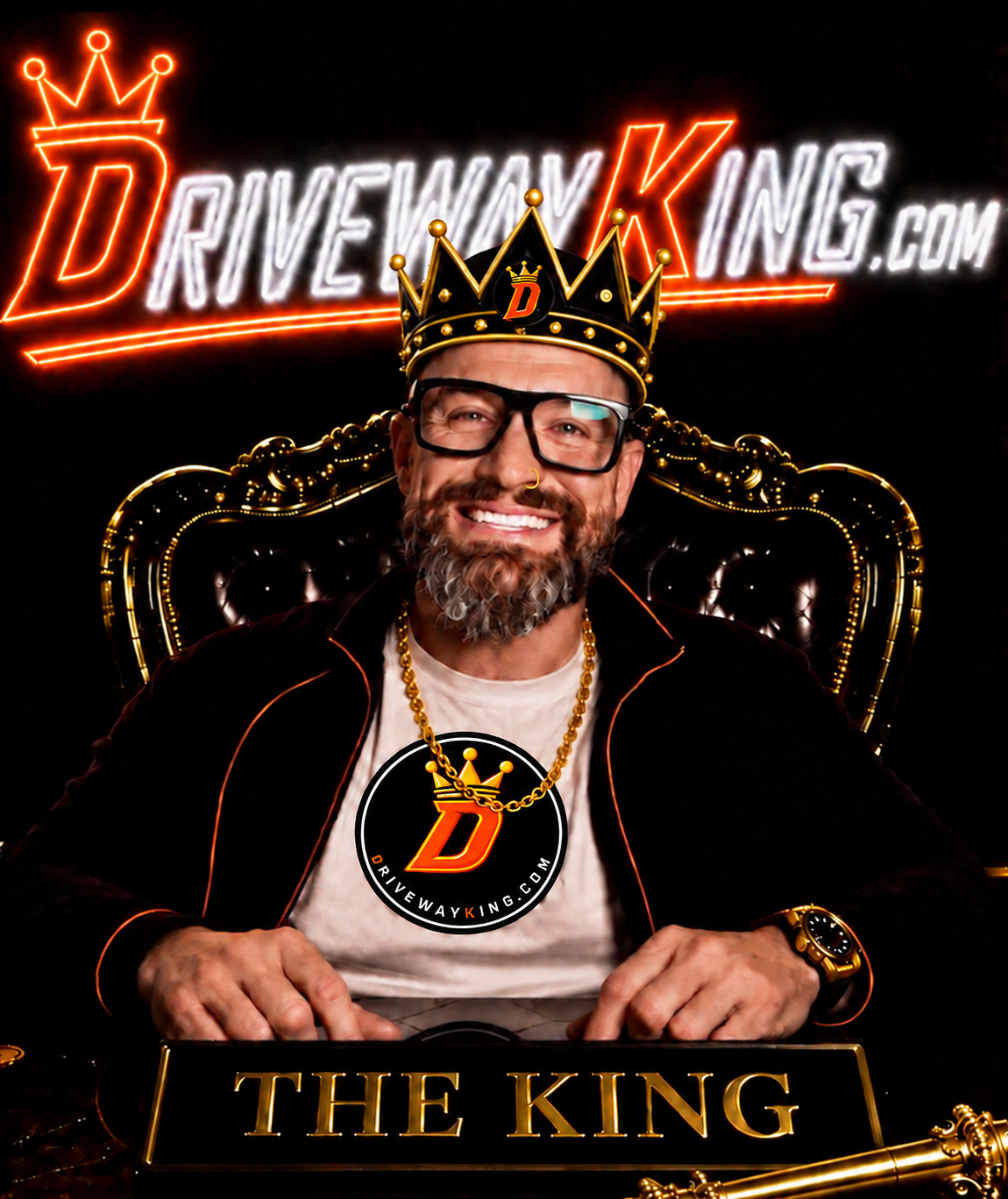 Stylized portrait of The Driveway King, owner of Driveway King, wearing a crown and seated beneath a neon DrivewayKing.com sign